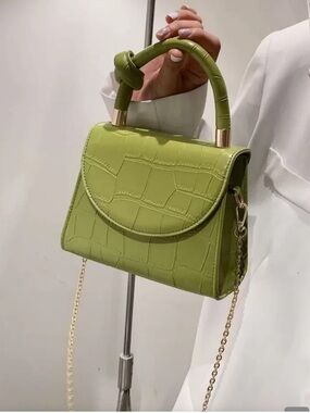 Olive Green Croc-Embossed Top Handle Bag
